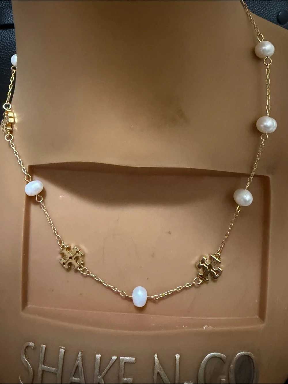 Tory Burch Gold Logo and White Pearl Station Necklace